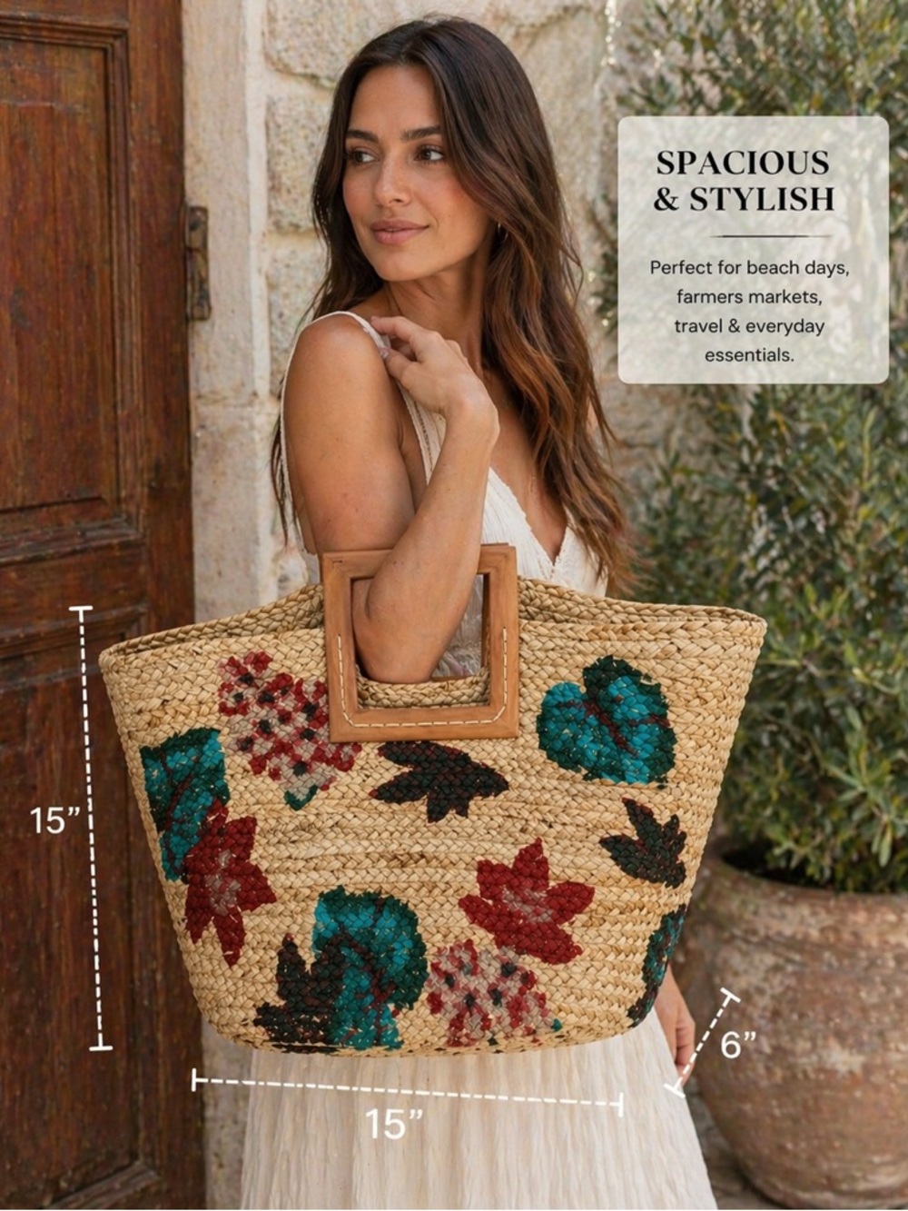 Antik Kraft Handwoven Straw Jute Tote with Wooden Handles – Floral Print Bag - Picture 3 of 3